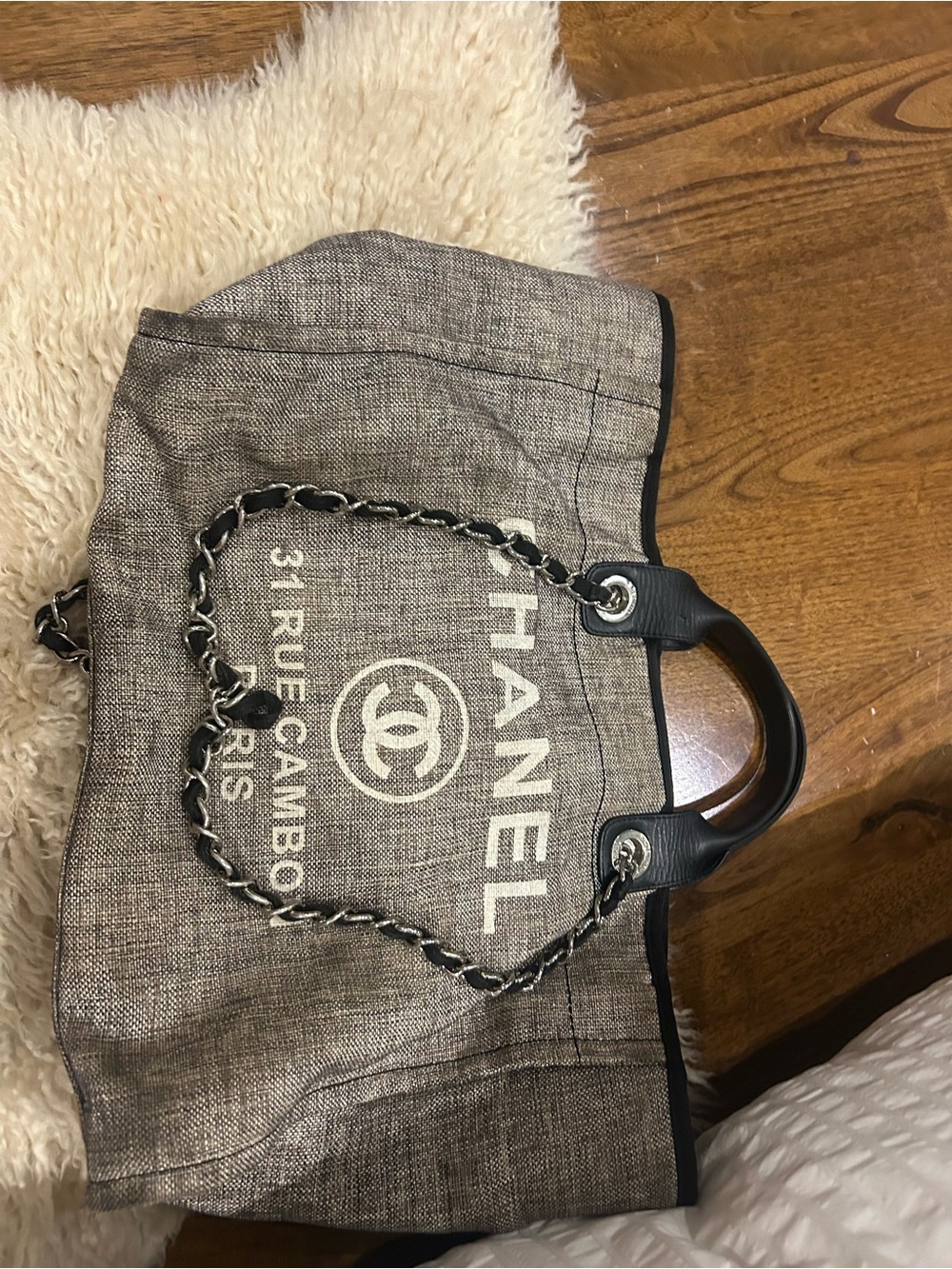 CHANEL Brown and Black Canvas Tote with Chain-Linked Handles
